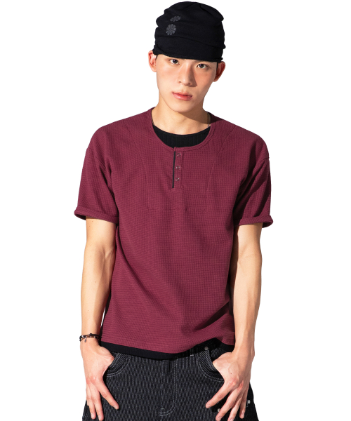 XTT158 레이어드 와플 헨리넥 티셔츠 (BURGUNDY)