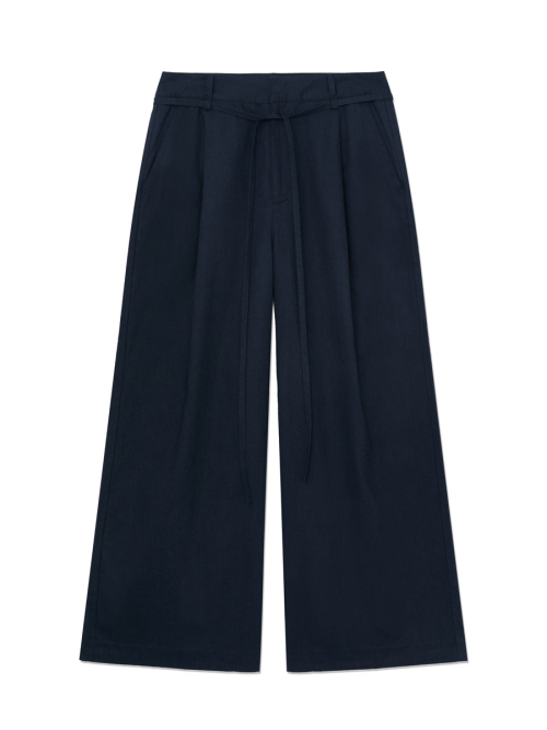 G BELTED LINEN WIDE PANTS (NAVY)