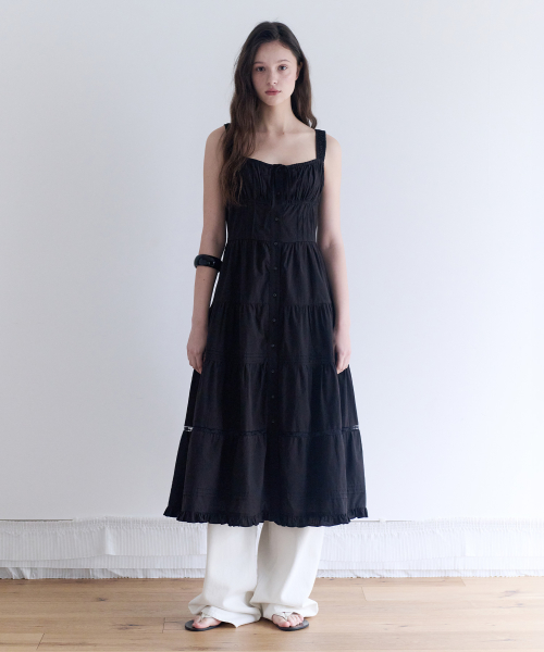 PEASANT SHIRRING LONG ONE PIECE BLACK