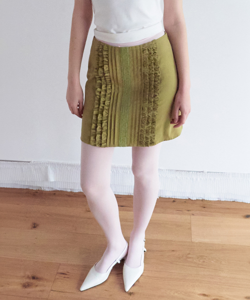 FRILL PINTUCK COTTON MINI SKIRT GREEN