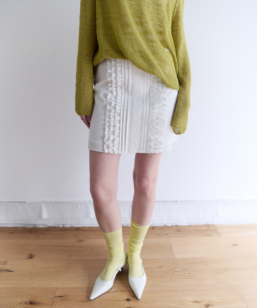 FRILL PINTUCK COTTON MINI SKIRT IVORY