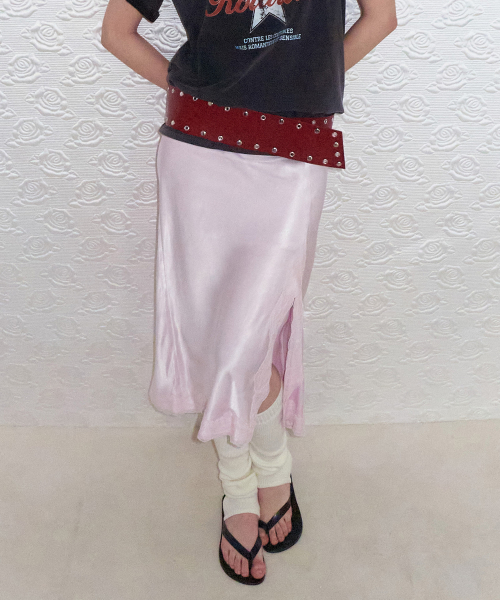 SATIN LACE LONG SKIRT LIGHT PINK