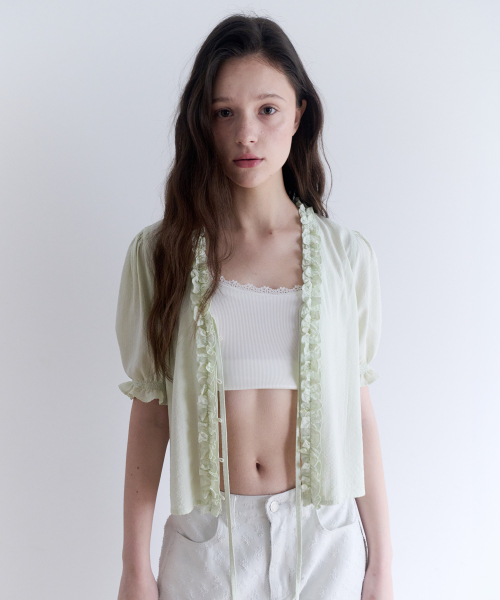 FRILL OPEN BLOUSE LIGHT GREEN