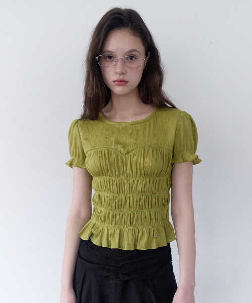 SMOCKING SHIRRING BLOUSE OLIVE