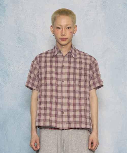 GS018 타탄체크 시어서커 크롭 하프 셔츠 (RED)