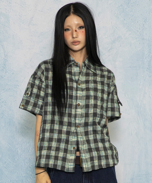 GS018 타탄체크 시어서커 크롭 하프 셔츠 (BLUE GREEN)