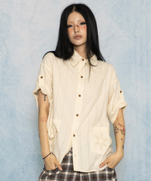 GS019 포켓포인트 시어서커 쿠반 셔츠 (IVORY)