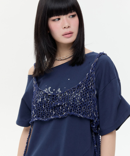 Beaded Strap Knit Top [Navy]