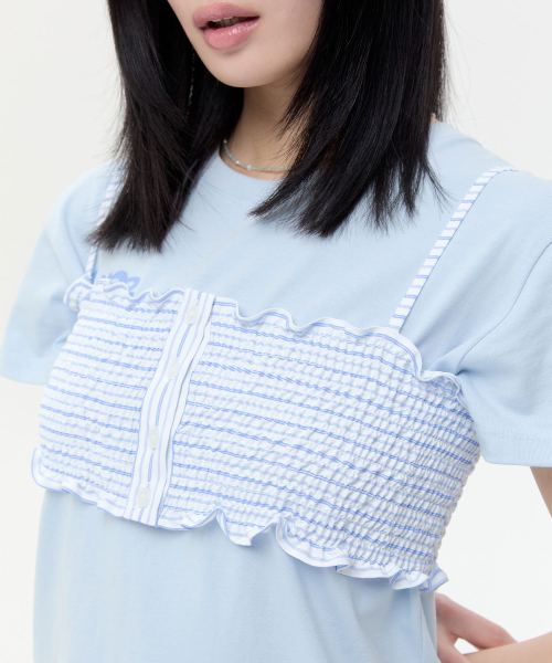 Buttoned Smocked Strap Top [Blue]