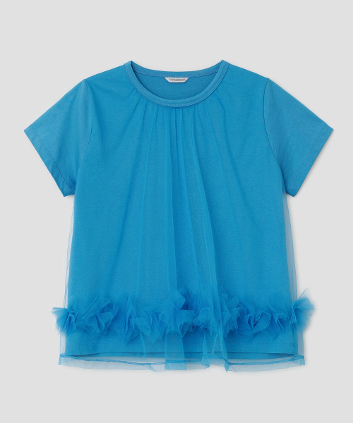 Mesh Layered Shirring Ruffle Top [Blue]