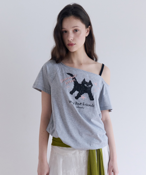 ROLA CAT FRIENDS OFF SHOULDER T-SHIRT GRAY