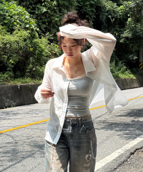시어드 브이넥 카라 셔츠_아이보리