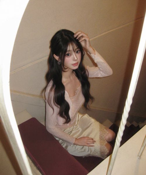 새틴 레이스 레이어드 미디 스커트_ivory