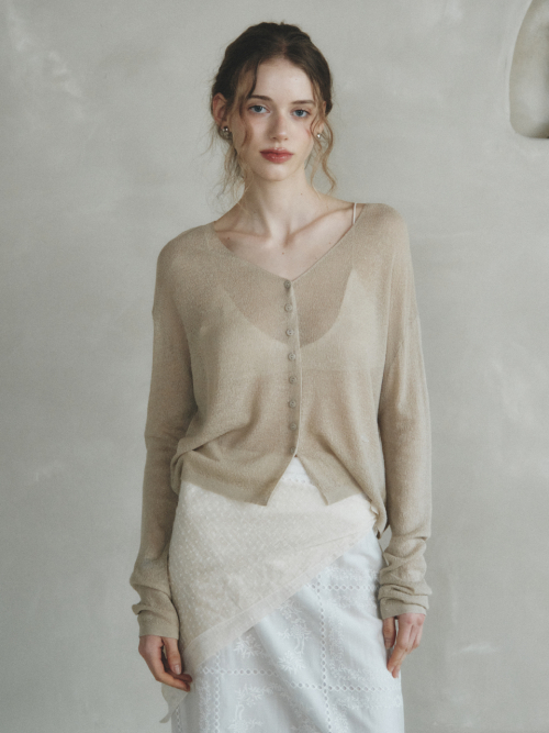 COLIN linen sheer knit cardigan_KHAKI