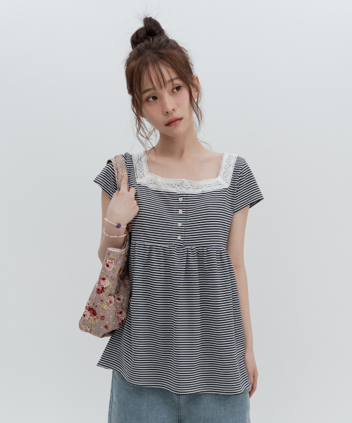 Square Neck Stripe Short Sleeve
