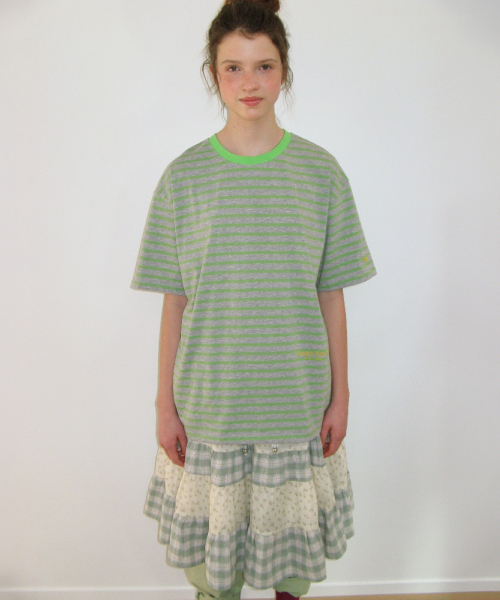 SOFT TWIN PONY STRIPE OVER FIT T SHIRT GREEN