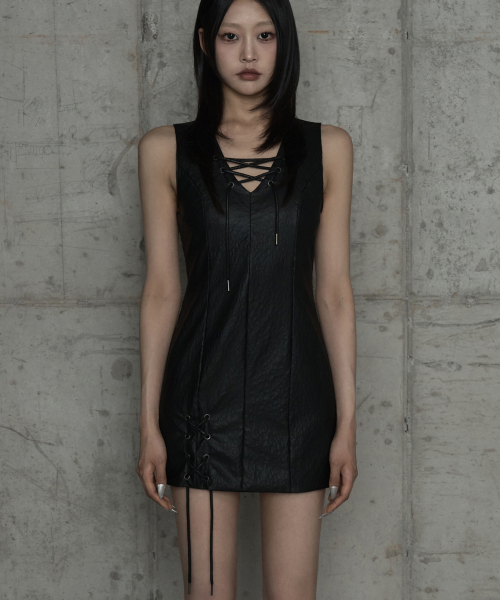 Corset Panel Leather One-Piece (Black)