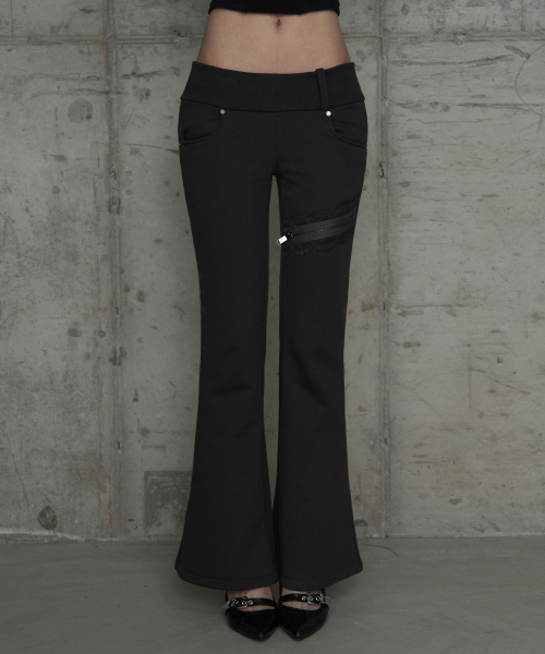 Lace Zipper Layer Bootcut Pants (Dark Gray)