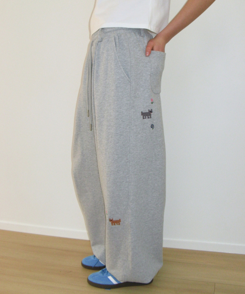 PONY CAT EMBROIDERY WIDE SWEAT PANTS GREY