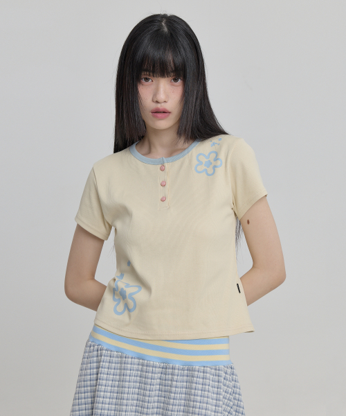 Flower Henley Neck Half Sleeve T-shirt LEMON