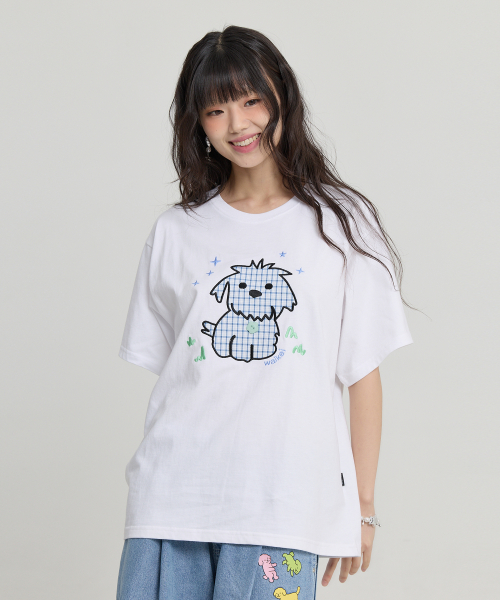 Maltese Check Applique Button Half T-shirt WHITE