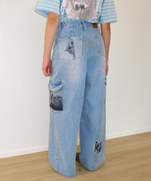 PONY CAT FRIENDS CARGO DENIM PANTS LIGHT BLUE