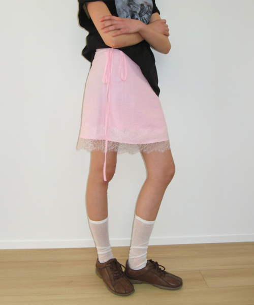LACE TRIM WRAP SKIRT PINK