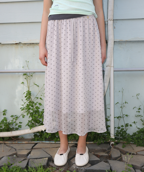 SHEER PATTERN STRING LONG SKIRT DOT GREY
