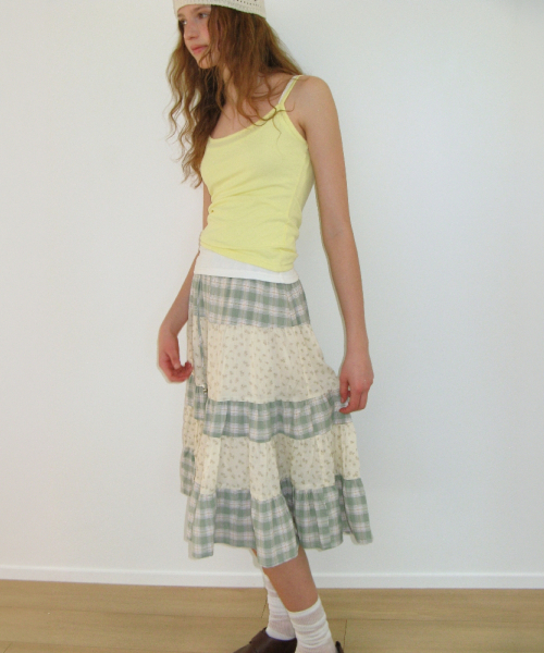 FLORAL CHECK PATCHWORK MID SKIRT GREEN
