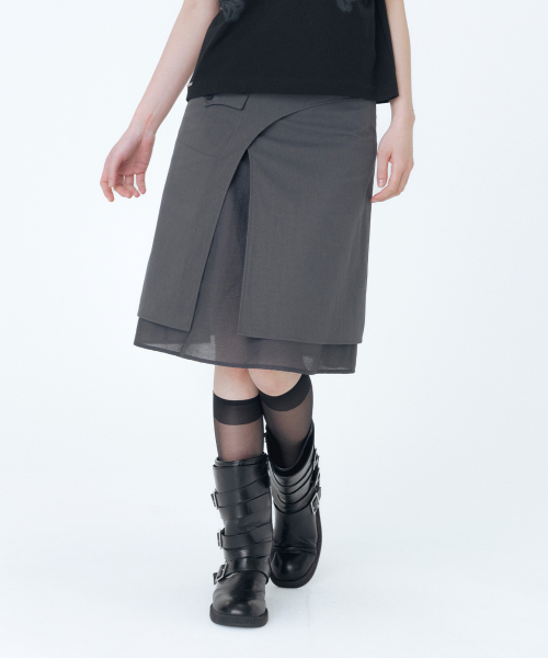 Side sheer layered midi wrap skirt CHARCOAL