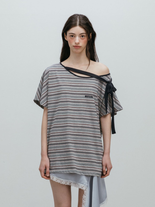 STRIPED RIBBON T-SHIRT / GREY