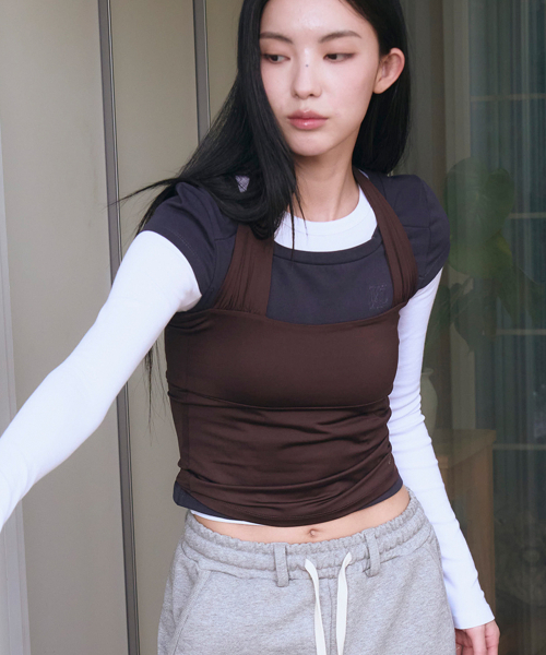 Active shirring halter neck sleeveless -BROWN