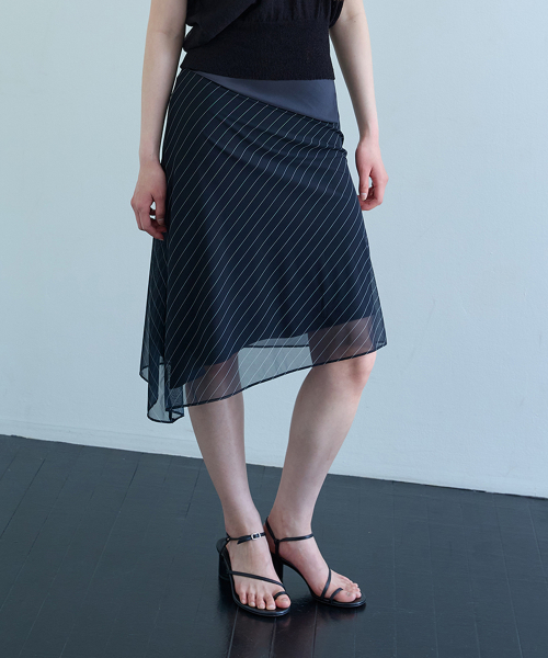 LOW-WAIST STRIPE MIDI SKIRT_ BLACK