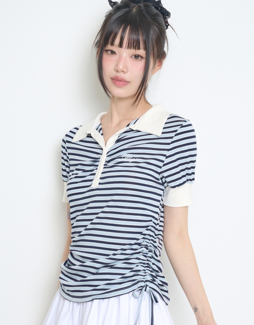 STRIPE SHIRRING COLLAR T-SHIRT SKY