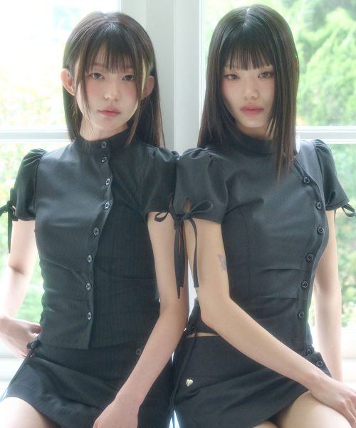 CHINA BUTTON COLLAR TOP CHARCOAL