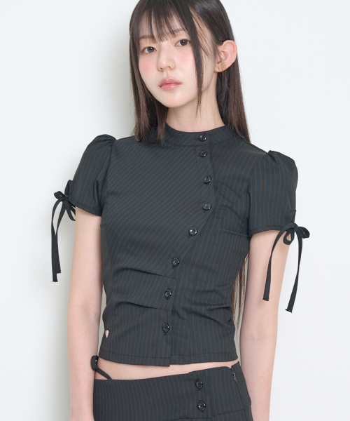 CHINA BUTTON COLLAR TOP BLACK STRIPE