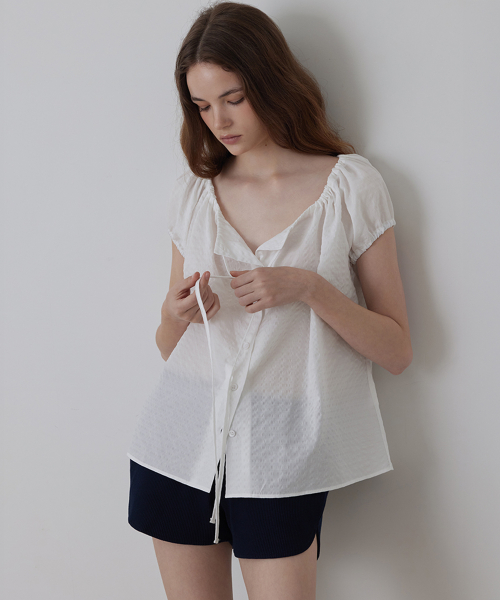 String Shirring Check Puff Blouse_Ivory_2colors