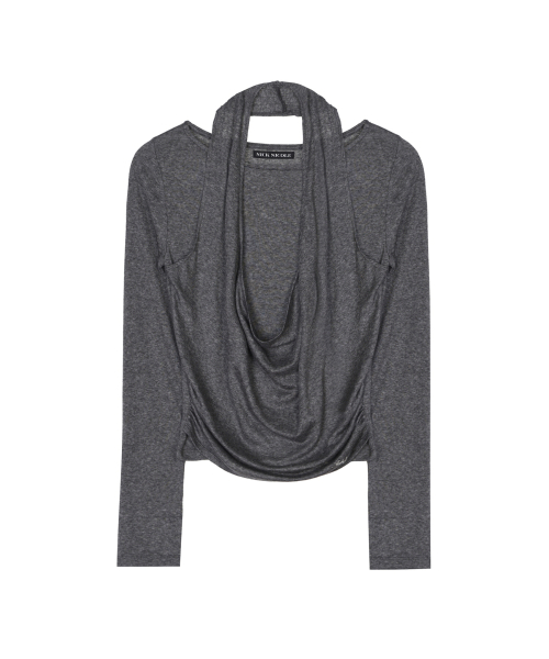 DRAPE HALTER LONG SLEEVE_CHARCOAL