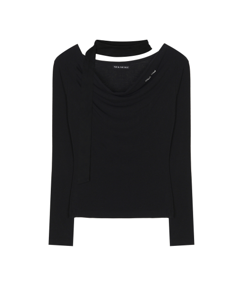 DRAPE TIE LONG SLEEVE TOP_BLACK