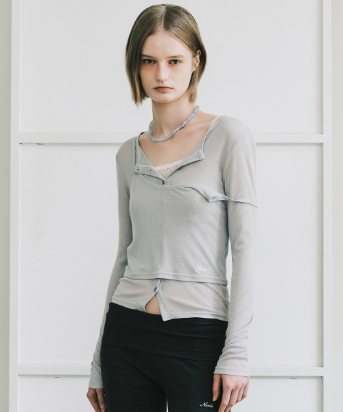 HENLEY NECK LAYERED SLEEVE TOP_GRAY