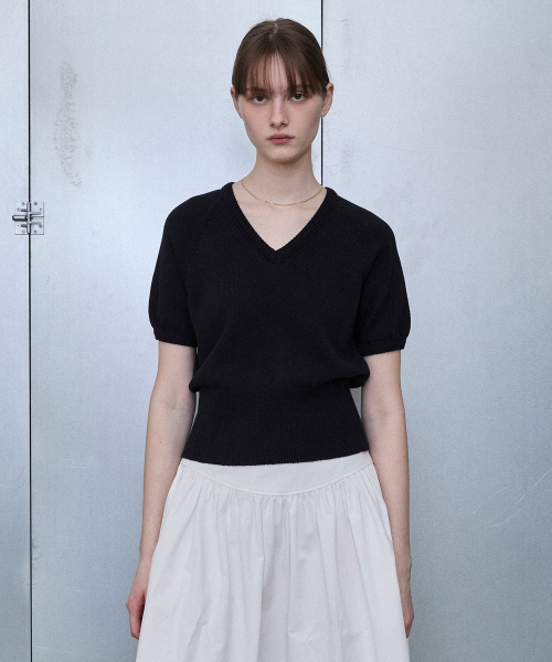 Italian Yarn Puff Sleeve V-Neck Knit [NAVY]