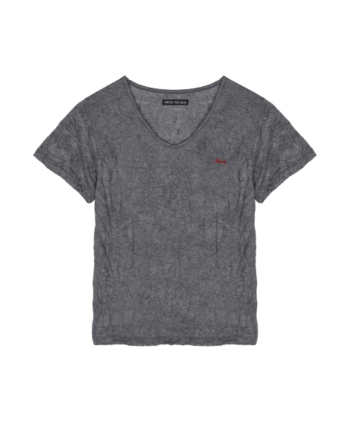 WRINKLE V-NECK TOP_CHARCOAL