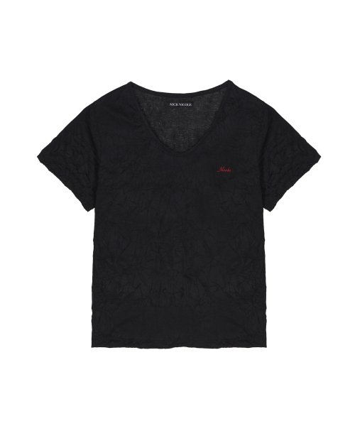WRINKLE V-NECK TOP_BLACK