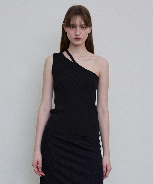 Ribbed One-Shoulder Top [BLACK]