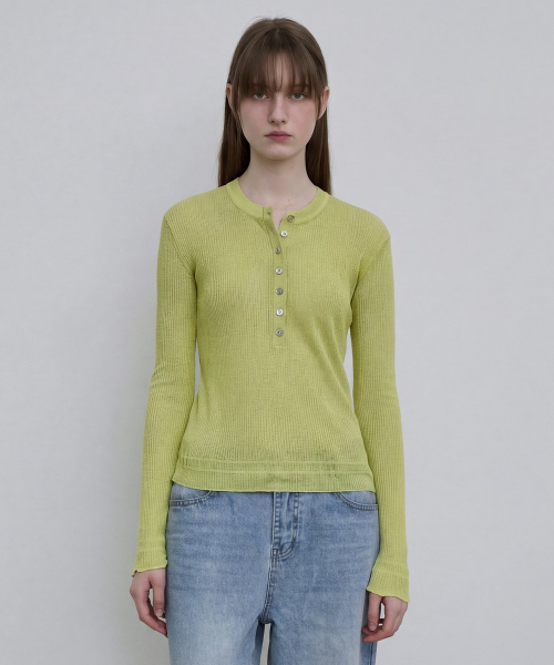 Sheer Ribbed Henley Top [GREEN]