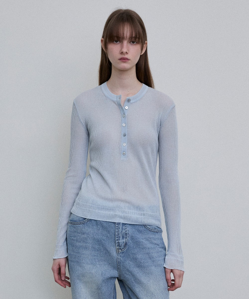 Sheer Ribbed Henley Top [BLUE]