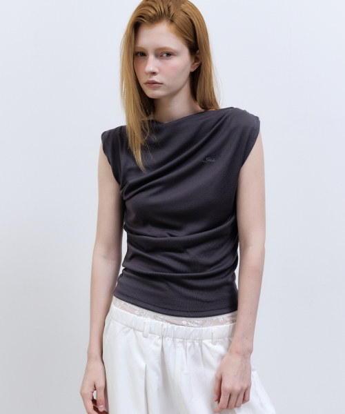 DRAPED SHIRRING SLEEVELESS TOP_CHARCOAL
