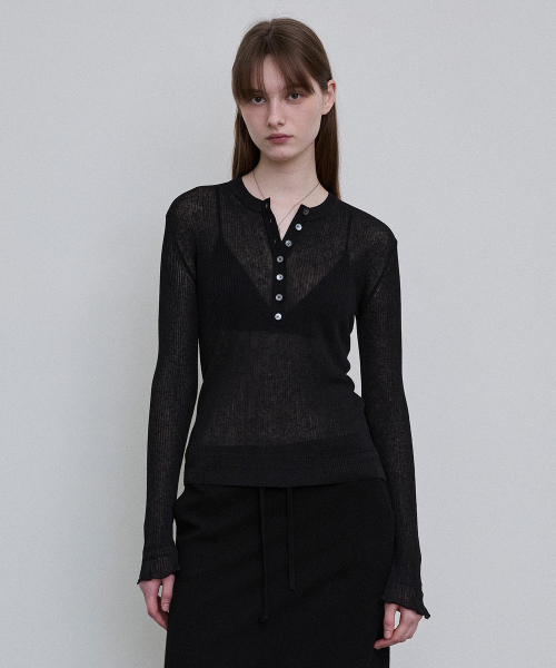 Sheer Ribbed Henley Top [BLACK]