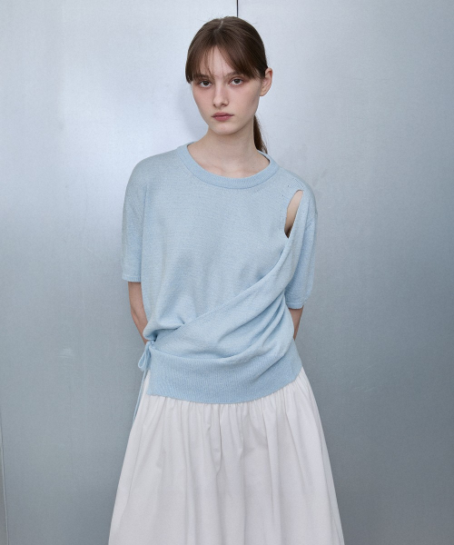 Slit Shoulder Wrap Pullover [BLUE]