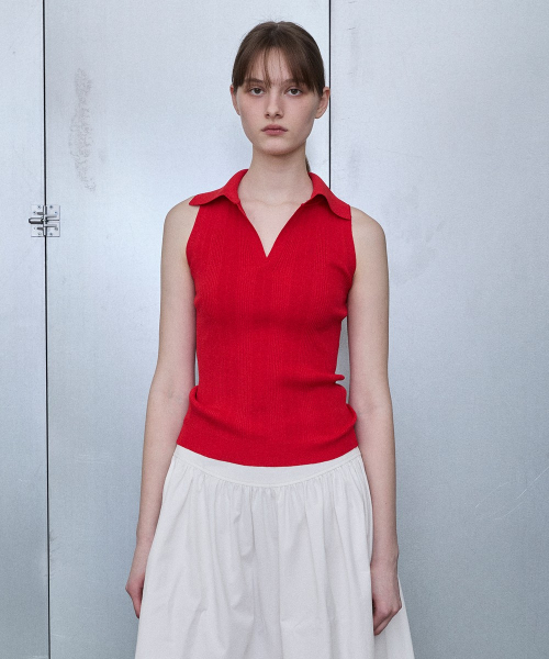 Collared Ribbed Sleeveless Top [RED]